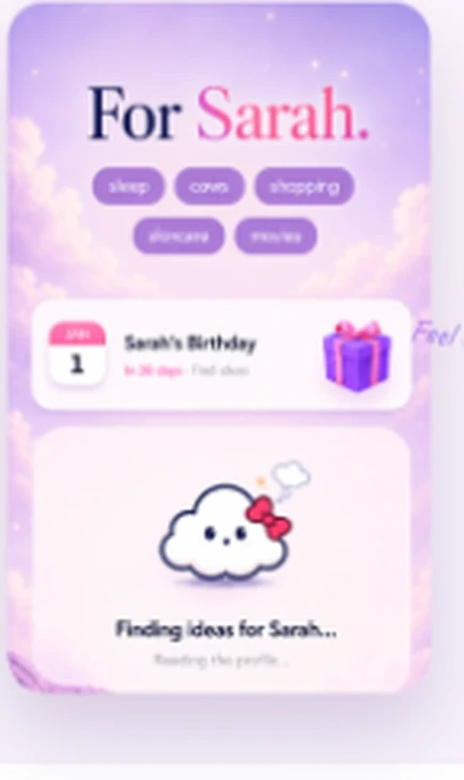 Giftin showing Sarah's saved profile, birthday and gift planning details